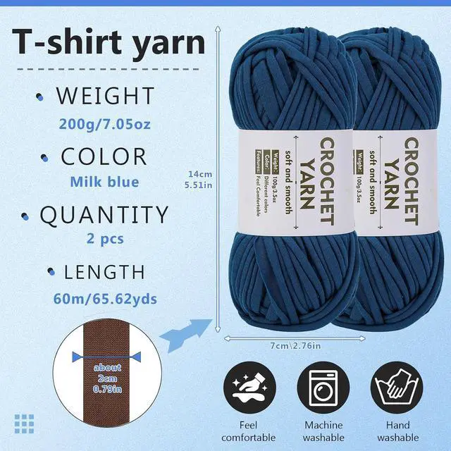 Alt view image 2 of 7 - SHWAKK 2 Pack T-Shirt Yarn Set, Milk Blue Knitting Crochet T Shirt Yarn | Crochet Hook, Elastic Thick Tshirt Yarn Kit for Crocheting, Crochet Bag/Baskets Ribbon Cotton Yarn, Knitting Ball