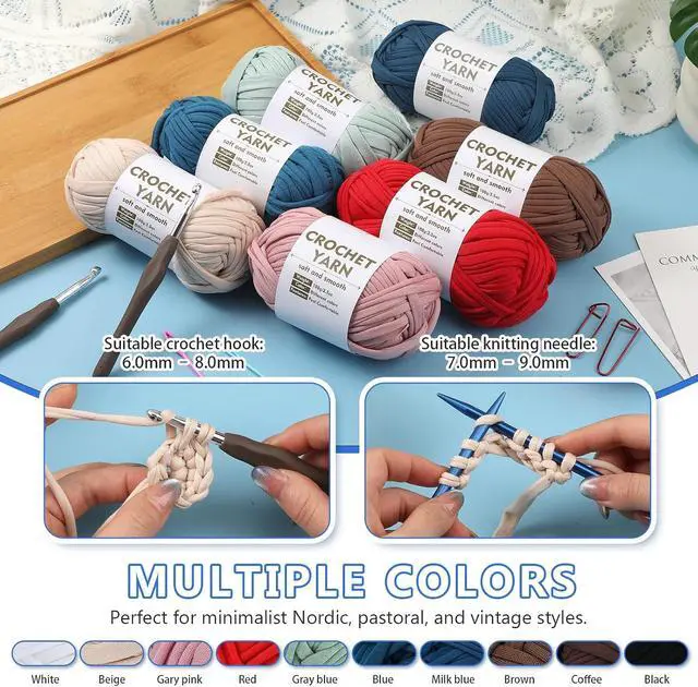 Alt view image 4 of 7 - SHWAKK 2 Pack T-Shirt Yarn Set, Milk Blue Knitting Crochet T Shirt Yarn | Crochet Hook, Elastic Thick Tshirt Yarn Kit for Crocheting, Crochet Bag/Baskets Ribbon Cotton Yarn, Knitting Ball