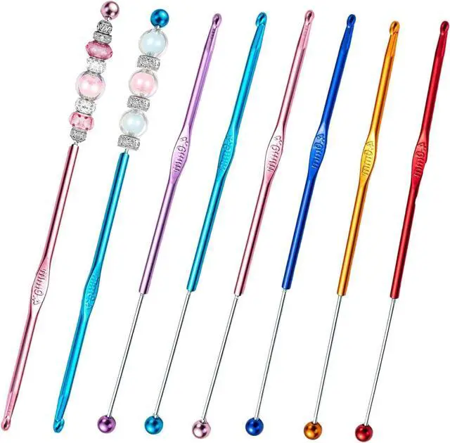 Main image of 6 Pack DIY Beadable Crochet Hooks Knitting Needles Set Aluminum Handle for Focal Beads Colors (Blue Purple Red Orange Pink Light Blue, 4 mm)