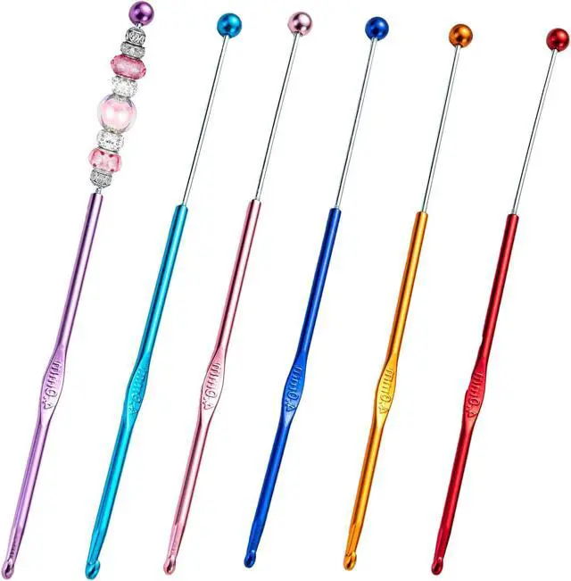 Alt view image 6 of 7 - 6 Pack DIY Beadable Crochet Hooks Knitting Needles Set Aluminum Handle for Focal Beads Colors (Blue Purple Red Orange Pink Light Blue, 4 mm)