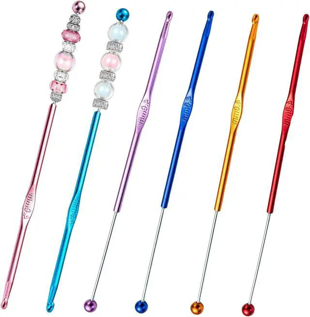 Alt view image 7 of 7 - 6 Pack DIY Beadable Crochet Hooks Knitting Needles Set Aluminum Handle for Focal Beads Colors (Blue Purple Red Orange Pink Light Blue, 4 mm)