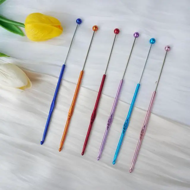 Alt view image 2 of 7 - 6 Pack DIY Beadable Crochet Hooks Knitting Needles Set Aluminum Handle for Focal Beads Colors (Blue Purple Red Orange Pink Light Blue, 4 mm)