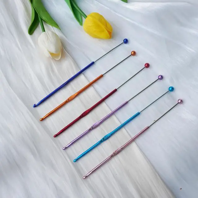Alt view image 3 of 7 - 6 Pack DIY Beadable Crochet Hooks Knitting Needles Set Aluminum Handle for Focal Beads Colors (Blue Purple Red Orange Pink Light Blue, 4 mm)