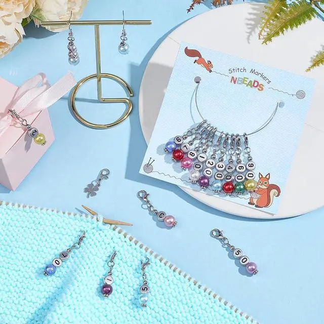 Alt view image 4 of 6 - NBEADS 40 Pcs Number Beads Stitch Markers, Acrylic Pearls Crochet Marker Removable Lobster Clasp Locking Knitting Markers for Knitting Weaving Sewing Jewelry Making