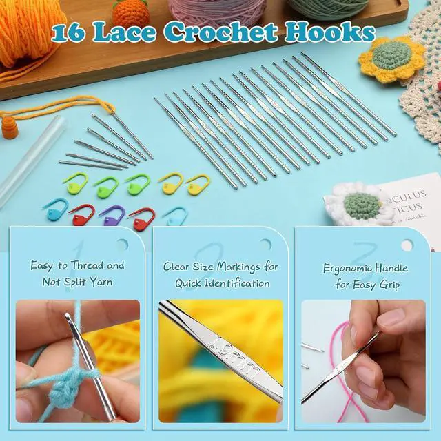 Alt view image 3 of 7 - 16 Pcs Lace Crochet Hooks Set, 0.5mm-2.5mm Small Crochet Hooks | Crochet Needles for Crocheting Yarn, Knitting Needles Set with Large-Eye Blunt Needles Stitch Markers