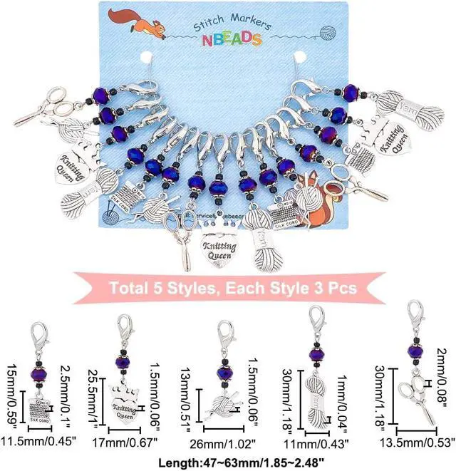 Alt view image 2 of 7 - NBEADS 15 Pcs Knitting Stitch Markers, 5 Styles Antique Silver Alloy Crochet Stitch Marker Charms Removable Lobster Clasp Locking Stitch Marker for Knitting Weaving Sewing Accessories