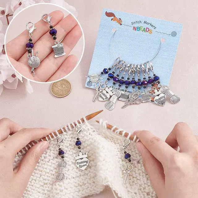 Alt view image 3 of 7 - NBEADS 15 Pcs Knitting Stitch Markers, 5 Styles Antique Silver Alloy Crochet Stitch Marker Charms Removable Lobster Clasp Locking Stitch Marker for Knitting Weaving Sewing Accessories