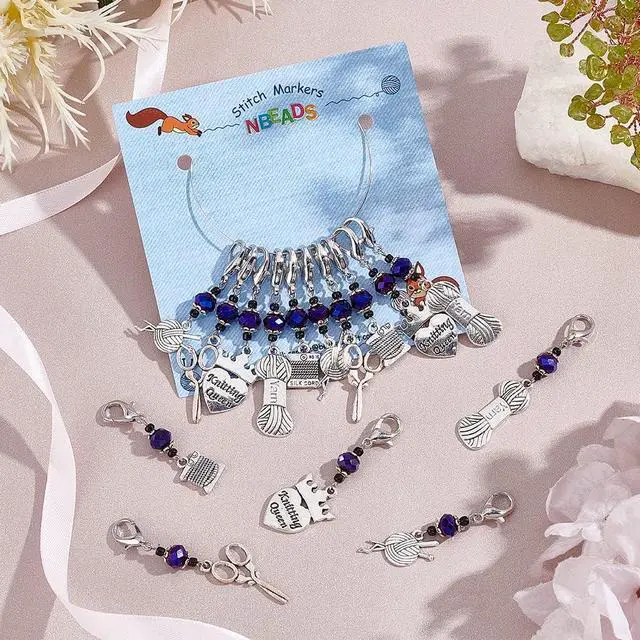 Alt view image 4 of 7 - NBEADS 15 Pcs Knitting Stitch Markers, 5 Styles Antique Silver Alloy Crochet Stitch Marker Charms Removable Lobster Clasp Locking Stitch Marker for Knitting Weaving Sewing Accessories