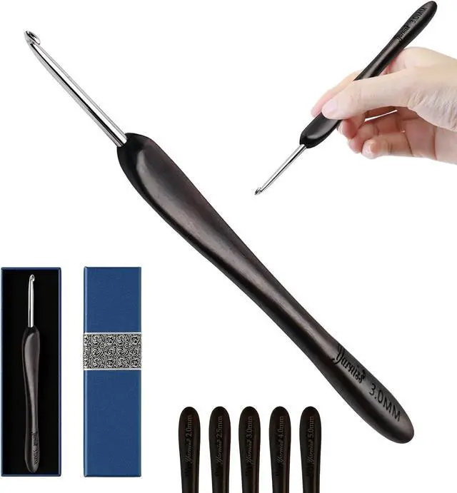 Main image of Yarniss 3mm Ergonomic Crochet Hook for Arthritic Hands, Stainless Steel Crochet Needle with Wood Handle, Smooth Glide Yarn Needle for Knitting & Crocheting