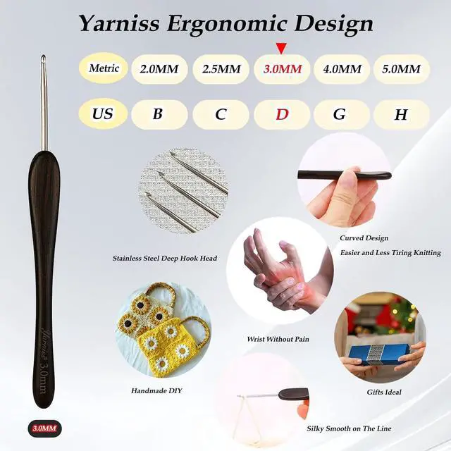 Alt view image 2 of 7 - Yarniss 3mm Ergonomic Crochet Hook for Arthritic Hands, Stainless Steel Crochet Needle with Wood Handle, Smooth Glide Yarn Needle for Knitting & Crocheting