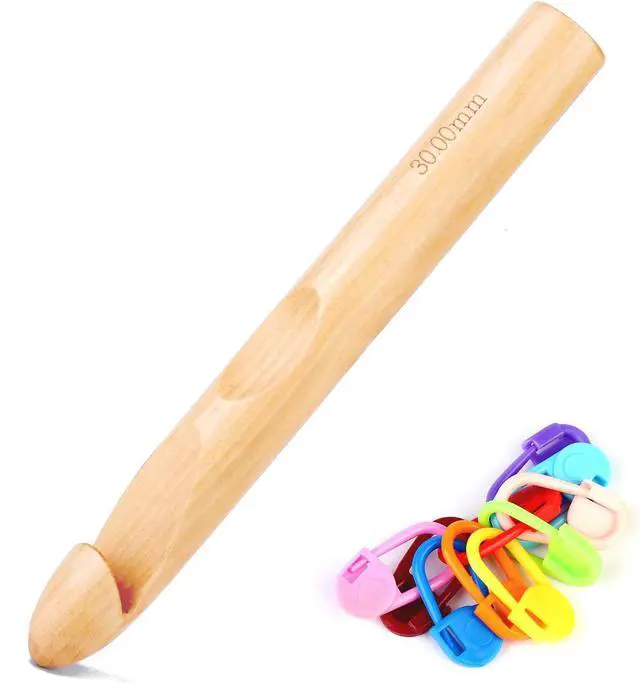 Main image of Dercuy Wooden Crochet Hooks, 30mm Crochet Hook, Bamboo Crochet Hooks | Jumbo Thick Crochet Hook Knitting Crochet Needles with 10 Pcs Knitting Stitch Markers for DIY Craft Sewing