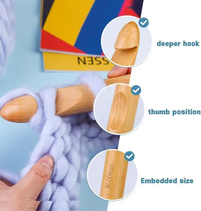 Alt view image 4 of 7 - Dercuy Wooden Crochet Hooks, 30mm Crochet Hook, Bamboo Crochet Hooks | Jumbo Thick Crochet Hook Knitting Crochet Needles with 10 Pcs Knitting Stitch Markers for DIY Craft Sewing