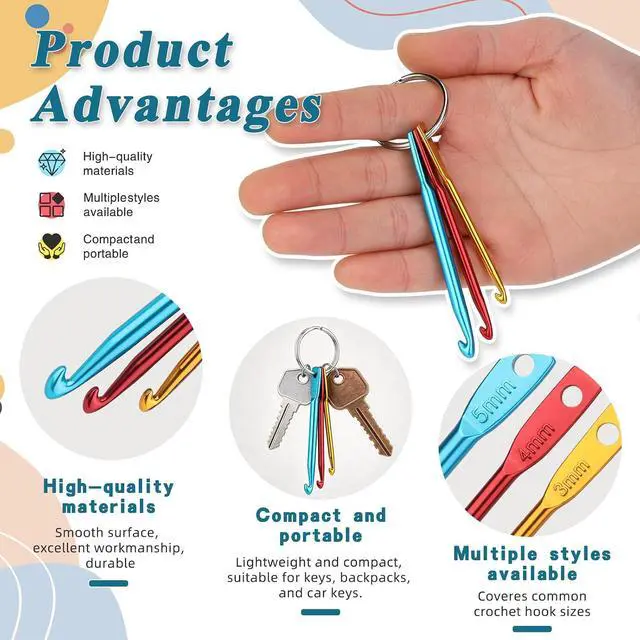 Alt view image 4 of 7 - SHWAKK 3 Sets Mini Crochet Hook Keychain, 3 Size Aluminum Crochet Needles | 3mm, 4mm, 5mm Knitting Needles with Swivel Suitable for Yarn Knitting, Perfect for Beginners
