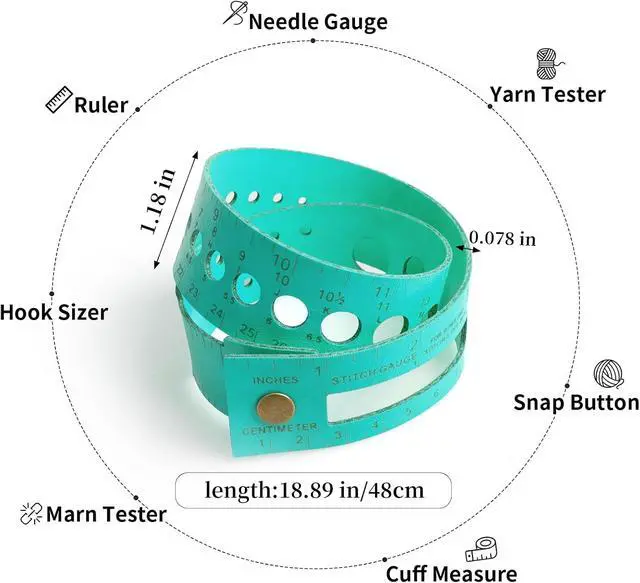 Alt view image 2 of 7 - Knitting Gauge Measuring Tool, 7-in-1 Leather Crochet Needle Gauge Sizer, 18in Dual-Scale Wrist Ruler to Storage Stitch Markers Crafter Crocheter(Light Blue/Dark Blue)