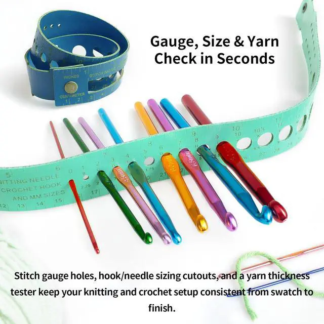 Alt view image 3 of 7 - Knitting Gauge Measuring Tool, 7-in-1 Leather Crochet Needle Gauge Sizer, 18in Dual-Scale Wrist Ruler to Storage Stitch Markers Crafter Crocheter(Light Blue/Dark Blue)