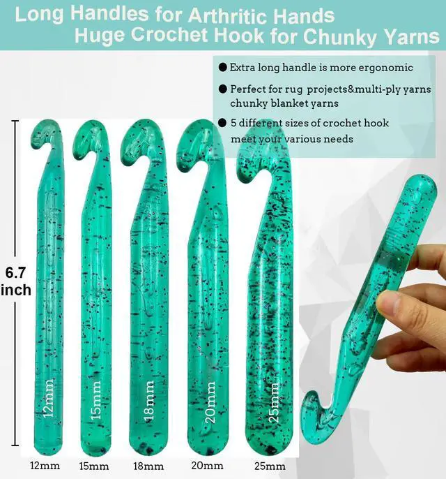 Alt view image 3 of 7 - Weabetfu 25mm Large Crochet Hook,Huge Crochet Hooks for Chunky Yarn,Ergonomic Knitting Giant Crochet Needles,Big Crochet Hooks for Knitting Yarn Carpet Scarf Wool Roving, Green
