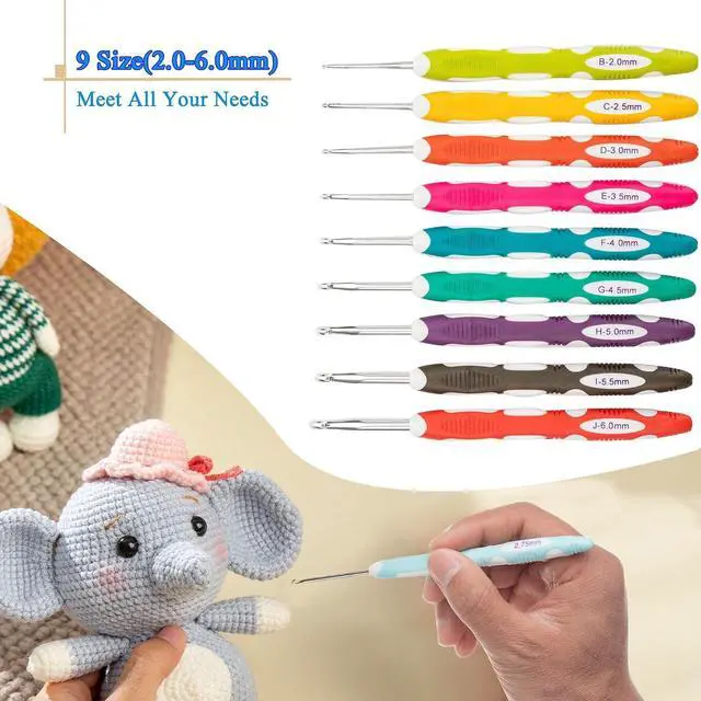Alt view image 4 of 7 - Ryhiac 9 PCS Longer Ergonomic Crochet Hooks Set USA Standard Size B to J 2.0mm-6.0mm Soft Grip Handles Smooth Crochet Needles Knitting Needles for Arthritic Hands,Beginners(Set C)