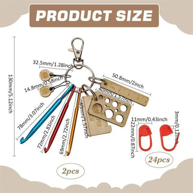 Alt view image 2 of 6 - FINGERINSPIRE 26 Pcs Crochet Hook Kit 22x11x3mm Stitch Markers Mini Keychain Aluminum Crochet Hooks Knitting Needles Crochet Hook Keychain Portable Crochet Keychains Kit with Wooden Pendant and Pin