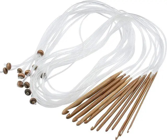Main image of AUEAR, Set of 12 Size Bamboo Knitting Needles Tunisian Afghan Crochet Hook with Plastic Cable 3mm to 10mm Carpet Rug Weave Carbonized (Clear)