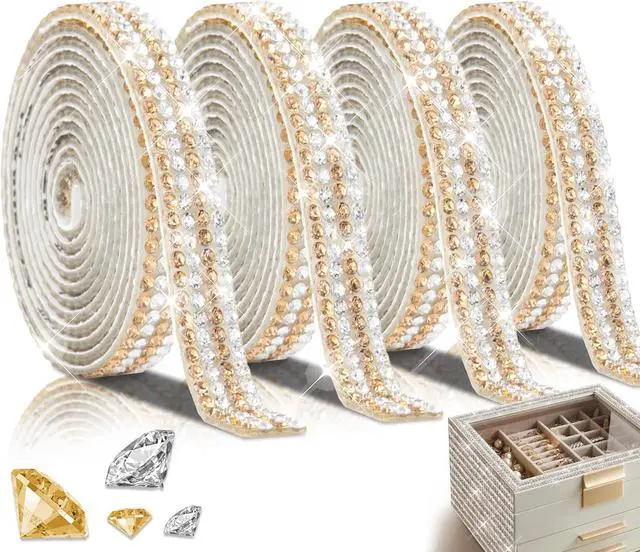 Main image of 4 Rolls Rhinestone Tape Self Adhesive Crystal Ribbon Diamond Bling Strips with 2 mm Glitter Sticker for Arts Crafts Wedding Birthday Party DIY Event Car Phone Decoration (Silver+Gold)