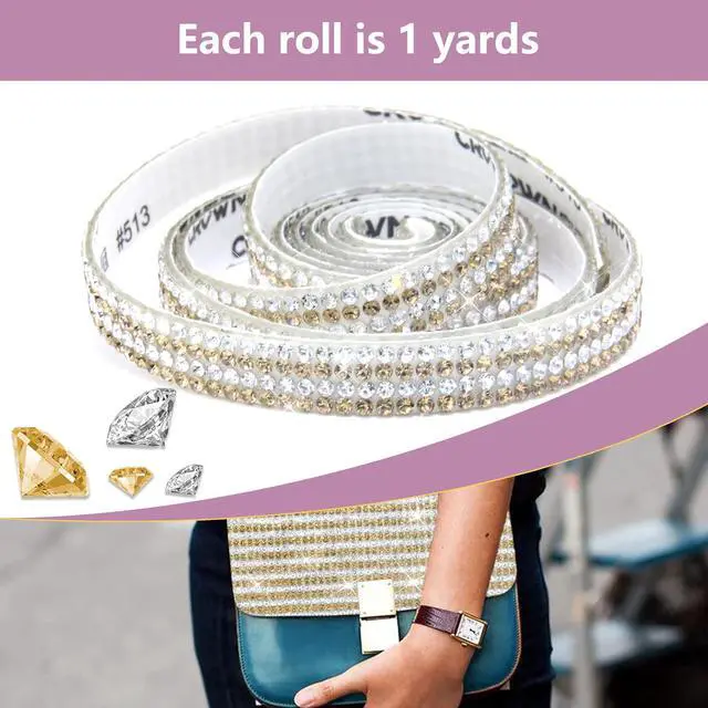 Alt view image 3 of 7 - 4 Rolls Rhinestone Tape Self Adhesive Crystal Ribbon Diamond Bling Strips with 2 mm Glitter Sticker for Arts Crafts Wedding Birthday Party DIY Event Car Phone Decoration (Silver+Gold)