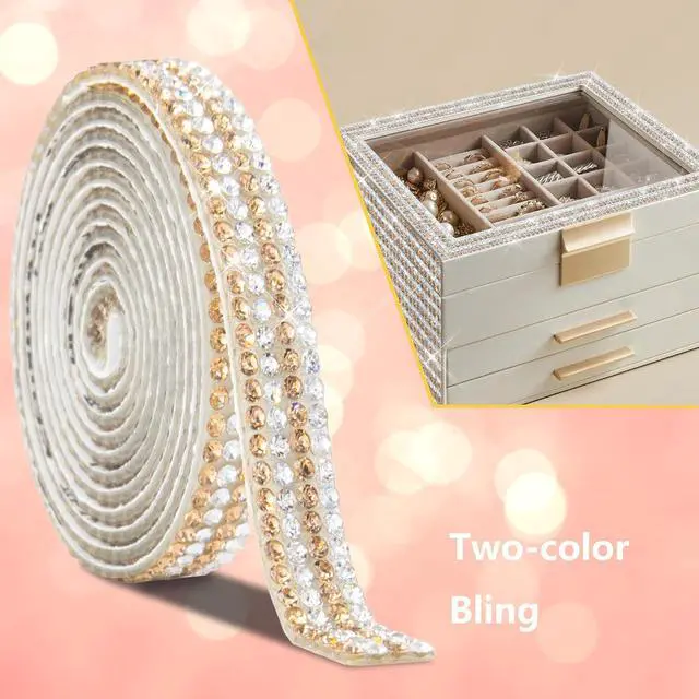 Alt view image 4 of 7 - 4 Rolls Rhinestone Tape Self Adhesive Crystal Ribbon Diamond Bling Strips with 2 mm Glitter Sticker for Arts Crafts Wedding Birthday Party DIY Event Car Phone Decoration (Silver+Gold)