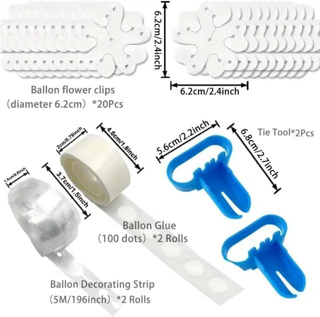 Alt view image 2 of 7 - PayPie 20 Pcs Balloon Flower Arch Clips, 32Ft Balloon Tape Strip, 200 Pcs Glue Point Dots Tape, 2 Pcs Tying Tool, Unisex, White, Balloon Arch Kit for Birthday Parties