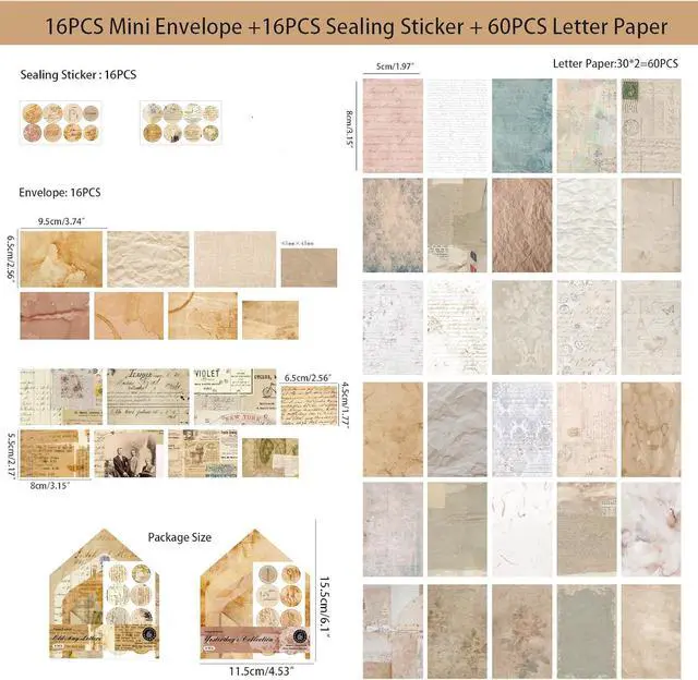 Alt view image 6 of 7 - 92 Pieces Mini Stationery Paper Envelopes and Sealing Sticker Set | 60 Vintage Writing Scrapbook Papers with 16 Matching Envelopes and 16 Round Seal Sticker