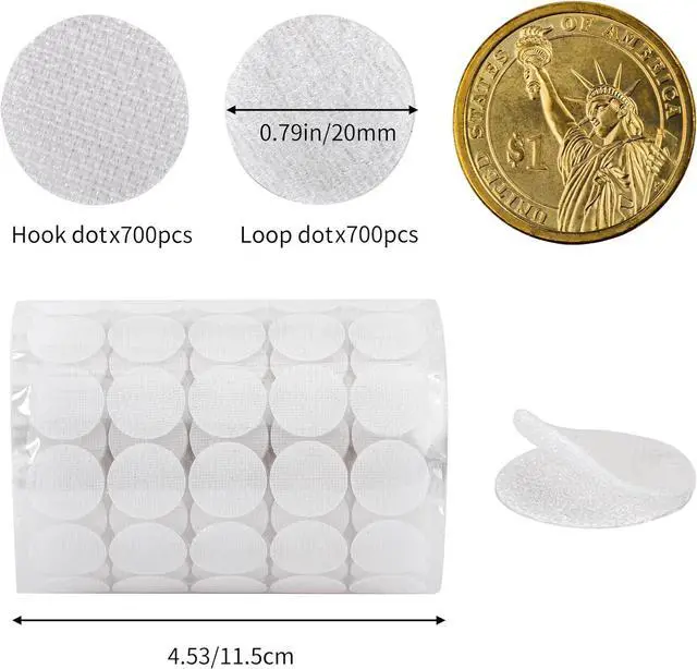 Alt view image 3 of 7 - 700 Pairs 0.79" Self Adhesive Dots White Hook and Loop Dots Sticky Back | 1400 Round 20mm Pieces, White Nylon, Strong Sticky Backing, for School Office Home Crafts and Classroom Use
