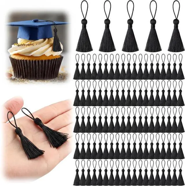 Main image of Suncalla 100 Pcs Mini Bookmark Tassels 2.4 Inch Silky Handmade Keychain Tassel Silky Floss Small Crafts for Craft Accessory Gift Tags Jewelry Keychain Making (Black)