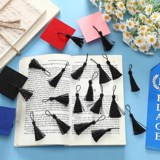 Alt view image 3 of 7 - Suncalla 100 Pcs Mini Bookmark Tassels 2.4 Inch Silky Handmade Keychain Tassel Silky Floss Small Crafts for Craft Accessory Gift Tags Jewelry Keychain Making (Black)