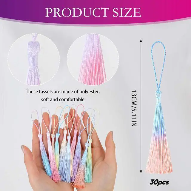 Alt view image 2 of 7 - 30PCS Mini Tassels for Crafts Bookmark Tassels for Crafts 10 Colors Silky Soft Tassels with Cord Loops Handmade Craft 13cm/5-Inch Small Tassels for Bookmarks DIY Crafts Keychain Jewelry Making