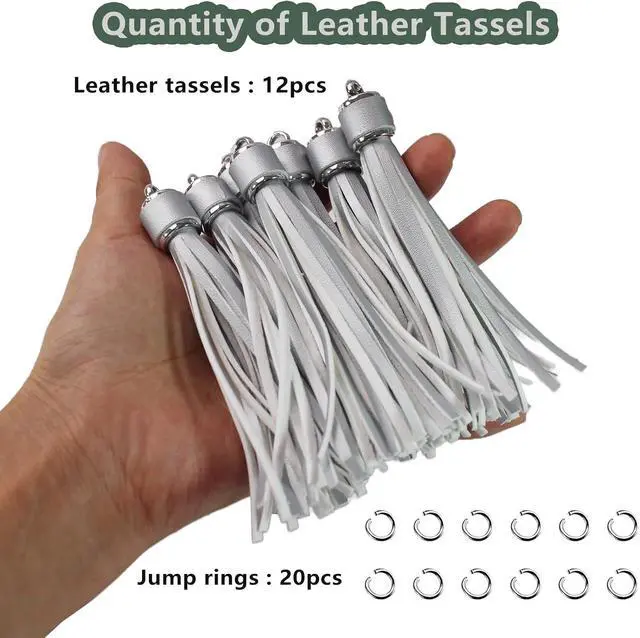 Alt view image 3 of 7 - 4.3'' Silver Leather Tassels 12Pcs with Silver Caps for Keychains