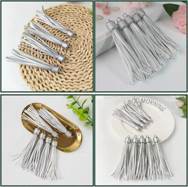 Alt view image 4 of 7 - 4.3'' Silver Leather Tassels 12Pcs with Silver Caps for Keychains