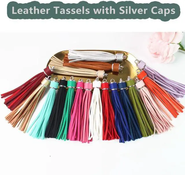 Alt view image 7 of 7 - 4.3'' Silver Leather Tassels 12Pcs with Silver Caps for Keychains