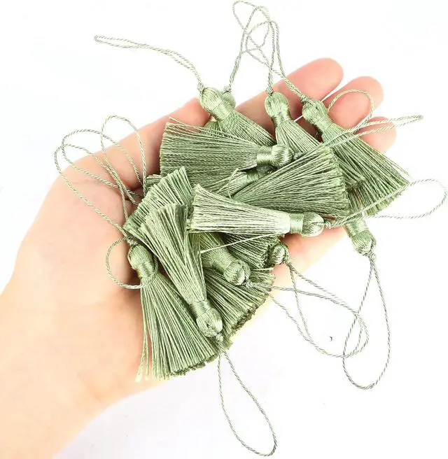 Alt view image 3 of 3 - 48Pcs Mini Bookmark Tassels Handmade Keychain Silky Tassel | (Light Green)3.75inch Tassel, Silky Floss Craft Tassel for Jewelry Making,Tags,DIY Accessory