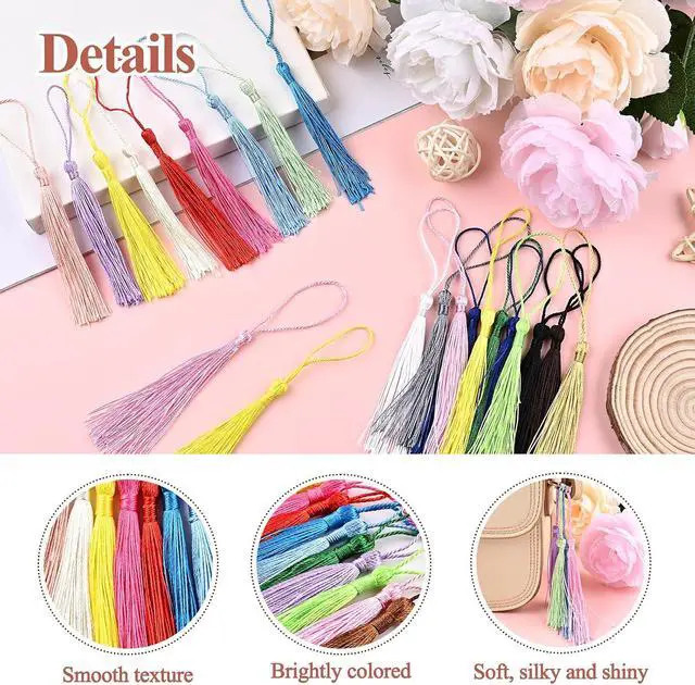 Alt view image 4 of 6 - NACHLYNN 120 Pcs Bookmark Tassels Bulk 13cm/5 Inch Silky Handmade Soft Craft Mini Tassels for Jewelry Keychain Making with Loops for Dress Decoration DIY Craft Accessory (20 Colors)