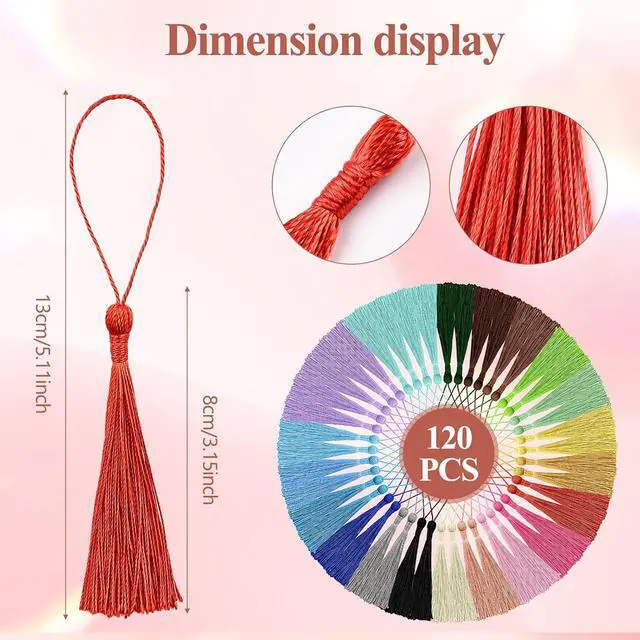 Alt view image 2 of 6 - NACHLYNN 120 Pcs Bookmark Tassels Bulk 13cm/5 Inch Silky Handmade Soft Craft Mini Tassels for Jewelry Keychain Making with Loops for Dress Decoration DIY Craft Accessory (20 Colors)