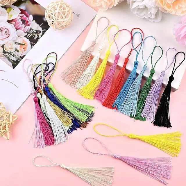 Alt view image 3 of 6 - NACHLYNN 120 Pcs Bookmark Tassels Bulk 13cm/5 Inch Silky Handmade Soft Craft Mini Tassels for Jewelry Keychain Making with Loops for Dress Decoration DIY Craft Accessory (20 Colors)