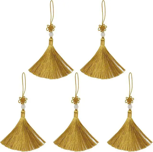 Main image of Dnyta Craft Tassels with Hanging Loops Decorative Chinese Knot Mini Tassels | 5 Pcs Nylon Ice Silk Tassel for DIY Jewelry Making, Door and Car Handing Decoration, Handicrafts (Gold)