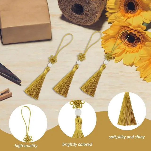 Alt view image 3 of 7 - Dnyta Craft Tassels with Hanging Loops Decorative Chinese Knot Mini Tassels | 5 Pcs Nylon Ice Silk Tassel for DIY Jewelry Making, Door and Car Handing Decoration, Handicrafts (Gold)