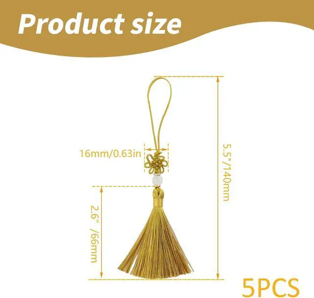Alt view image 2 of 7 - Dnyta Craft Tassels with Hanging Loops Decorative Chinese Knot Mini Tassels | 5 Pcs Nylon Ice Silk Tassel for DIY Jewelry Making, Door and Car Handing Decoration, Handicrafts (Gold)
