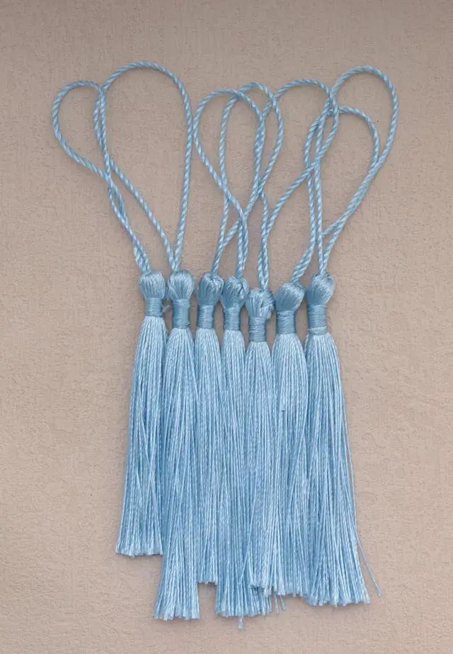 Alt view image 4 of 6 - 50 Pcs Tassel Silky Soft Mini Floss Handmade Crafts Tassels (Light Blue) | Tassels with Loop for Bookmark Jewelry Making Keychain Souvenir DIY Project Graduation Supplies Chinese Knot Keychain