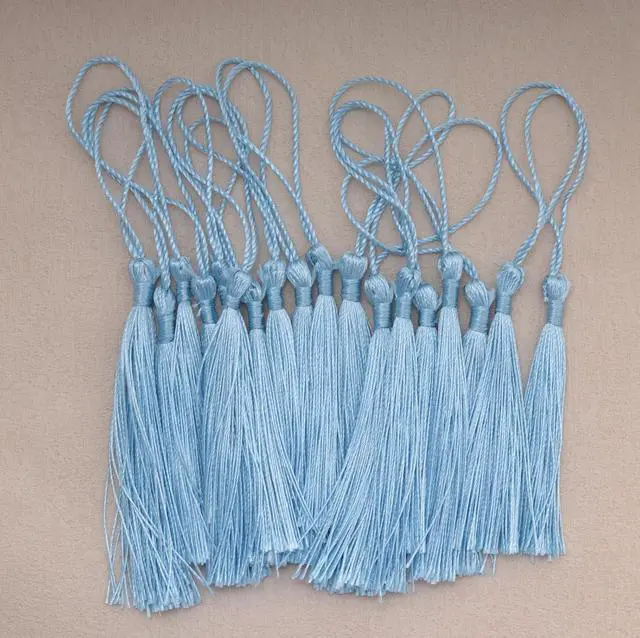 Alt view image 6 of 6 - 50 Pcs Tassel Silky Soft Mini Floss Handmade Crafts Tassels (Light Blue) | Tassels with Loop for Bookmark Jewelry Making Keychain Souvenir DIY Project Graduation Supplies Chinese Knot Keychain