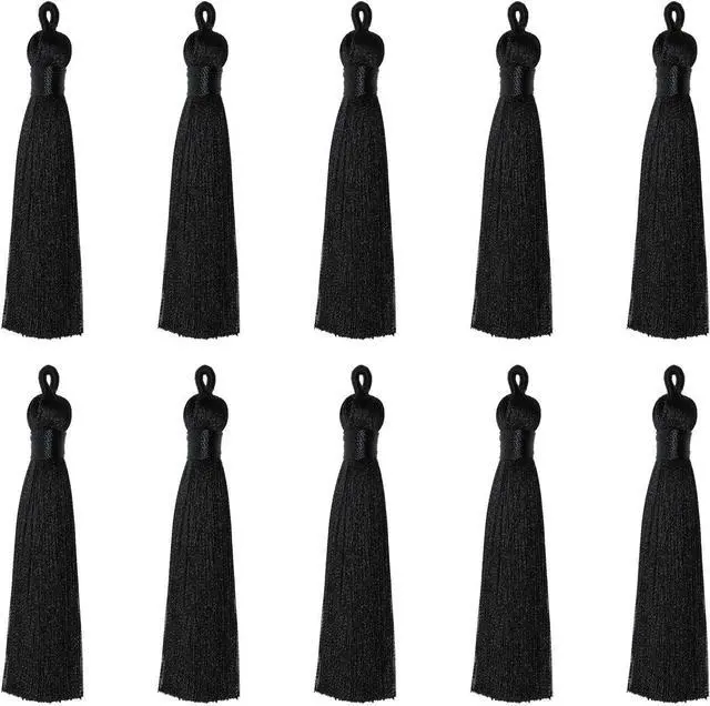 Main image of Tupalizy 10PCS Handmade Soft Silky Tassels with Hanging Loop for Bookmarks Keychains Earring Bracelets Jewelry Making Souvenir Graduation Clothing Sewing Gift Tag Art DIY Craft Projects (Black)