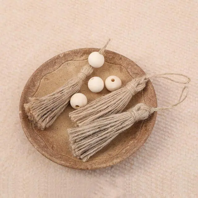 Alt view image 3 of 7 - 30 Pieces Natural Jute Tassels for Wood Beads Christmas Burlap Tassel Jute Rope Tassels DIY Wood Bead Garland Projects Decorations(5.4")