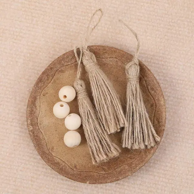 Alt view image 4 of 7 - 30 Pieces Natural Jute Tassels for Wood Beads Christmas Burlap Tassel Jute Rope Tassels DIY Wood Bead Garland Projects Decorations(5.4")