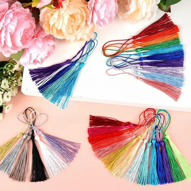 Alt view image 4 of 7 - NEBURORA 120 Pcs Bookmark Tassels Bulk 13cm/5 Inch 24 Colors Silky Handmade Soft Mini Tassel with Loops for Crafts Jewelry Keychain Making DIY Projects