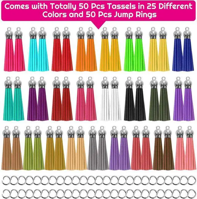Alt view image 2 of 7 - Paxcoo Tassels for Jewelry Making, 50pcs Leather Tassel Keychain Charms Bulk with 50pcs Jump Rings for Jewelry Making, Bracelets, Acrylic Key Chain Blanks and Craft Supplies