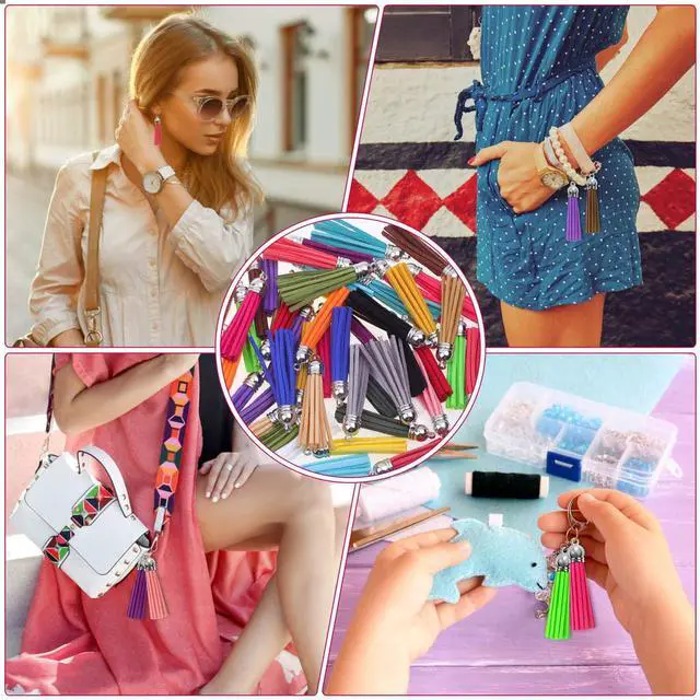 Alt view image 6 of 7 - Paxcoo Tassels for Jewelry Making, 50pcs Leather Tassel Keychain Charms Bulk with 50pcs Jump Rings for Jewelry Making, Bracelets, Acrylic Key Chain Blanks and Craft Supplies